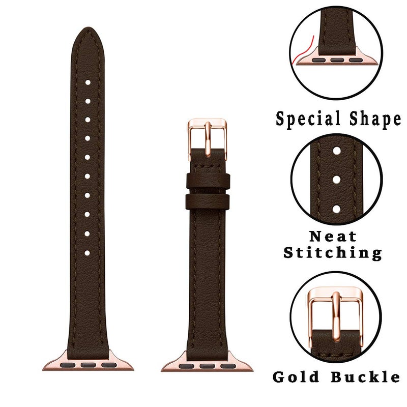 STIROLL Slim Leather Bands Compatible with Apple Watch Band 38mm 40mm 41mm 42mm 44mm 45mm 49mm,Top Grain Leather Watch Thin Wristband for iWatch Ultra SE Series 8/7/6/5/4/3/2/1(Coffee with Rose Gold) - Image 2